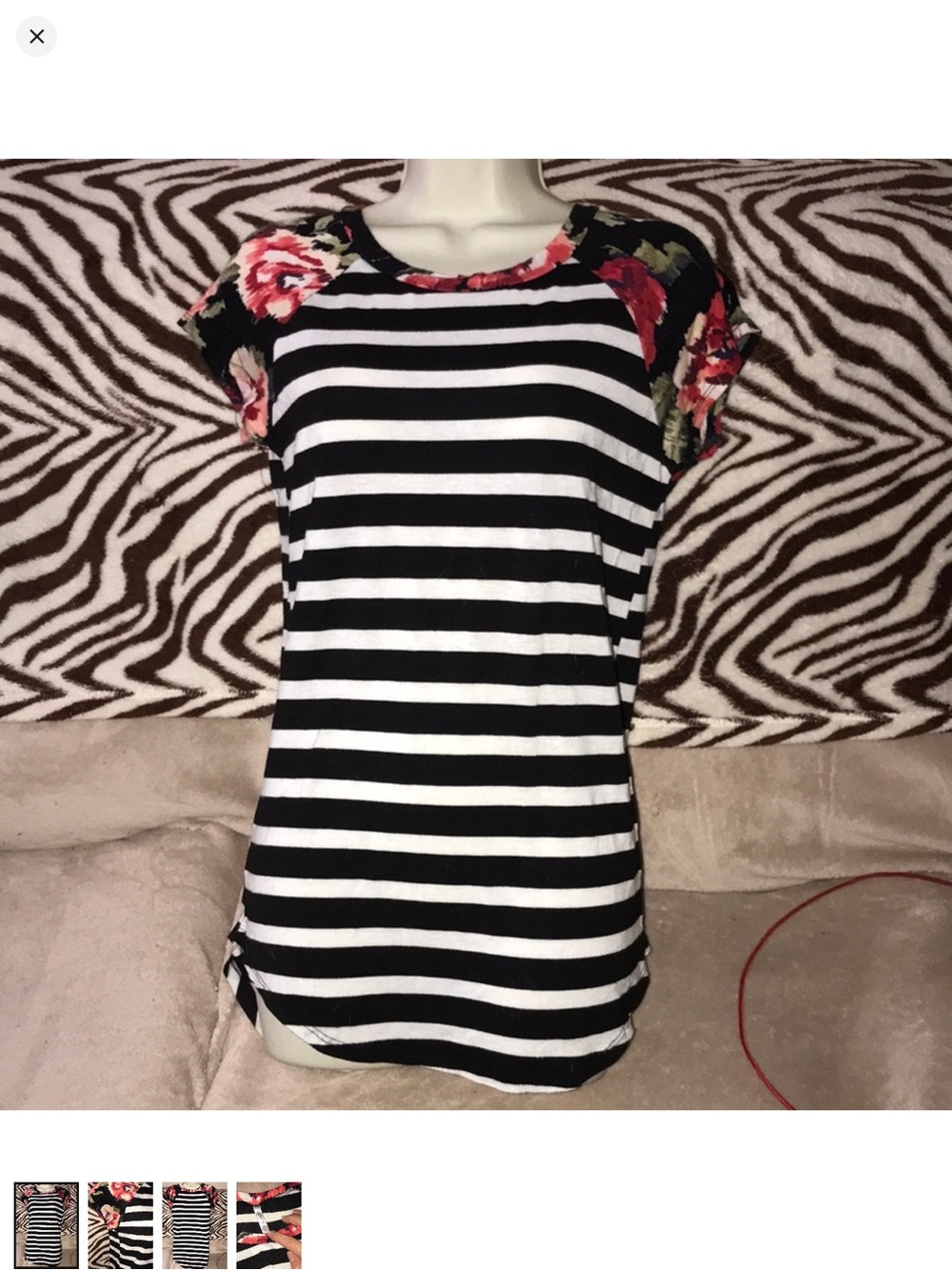 Acting pro small Black & White Striped Tee with Floral Shoulders